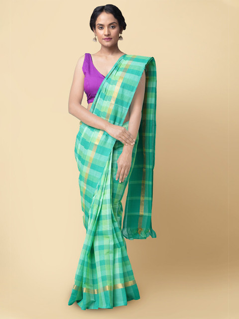 

Unnati Silks Women Green & Gold-Toned Pure Pavani Mangalagiri Cotton Saree