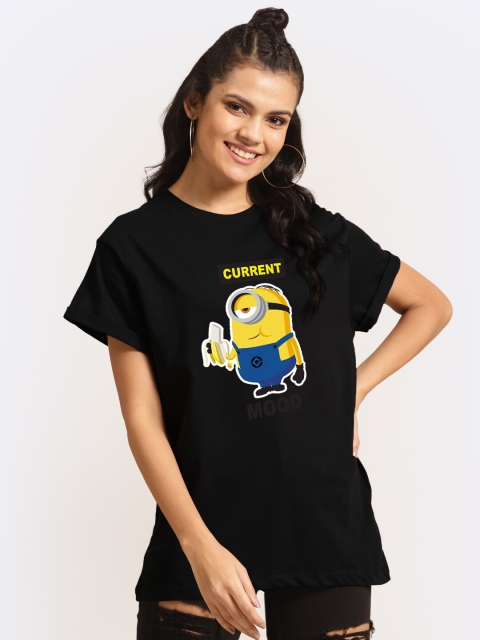 

Bewakoof Women Black & Yellow Minions Printed Drop-Shoulder Sleeves Loose T-shirt