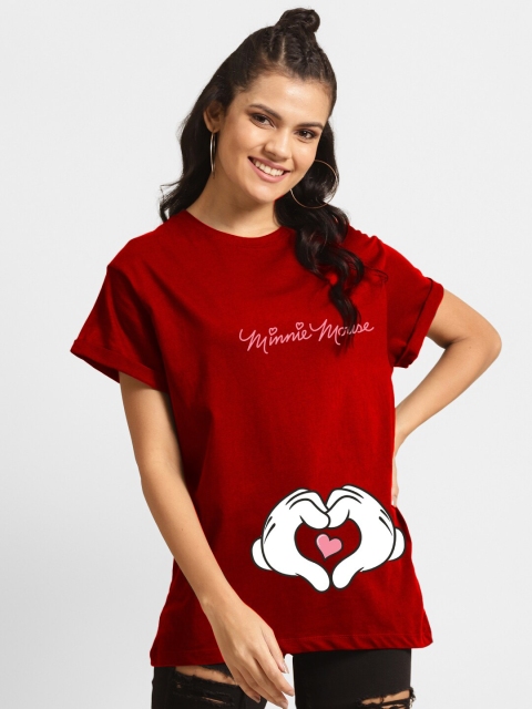 

Bewakoof Women Red & White Minnie Mouse Printed Drop-Shoulder Sleeves Loose T-shirt