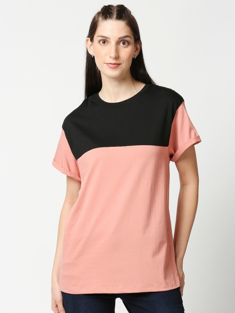 

Bewakoof Women Pink & Black Colourblocked Drop-Shoulder Sleeves Loose T-shirt