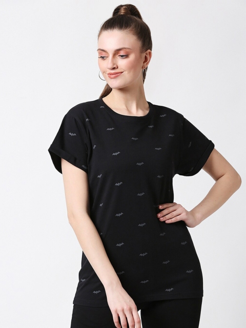 

Bewakoof Women Black & Grey Brand Logo Batman Printed Drop-Shoulder Sleeves Loose T-shirt