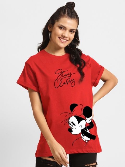

Bewakoof Women Red & White Minnie Mouse Printed Drop-Shoulder Sleeves Loose T-shirt