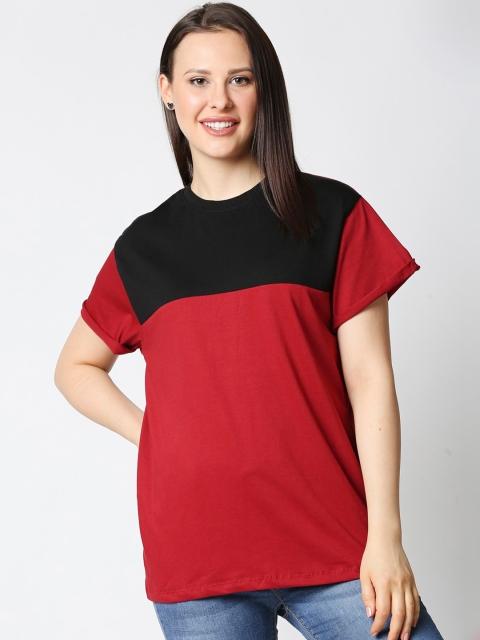 

Bewakoof Women Red & Black Colourblocked Loose T-shirt