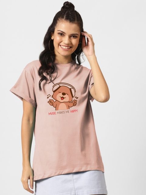 

Bewakoof Women Pink & Brown Printed Drop-Shoulder Sleeves Loose T-shirt