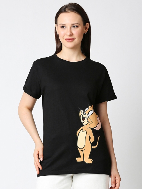 

Bewakoof Women Black & Brown Tom & Jerry Printed Drop-Shoulder Sleeves Boyfriend T-Shirt