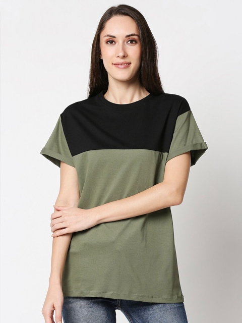 

Bewakoof Women Olive Green & Black Colourblocked Drop-Shoulder Sleeves Loose T-shirt
