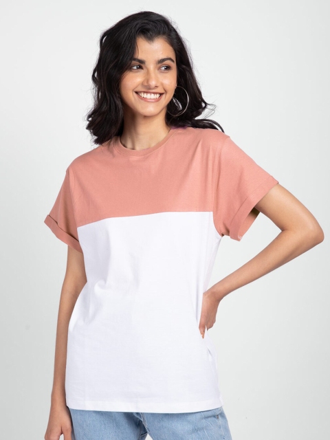 

Bewakoof Women White & Pink Colourblocked Drop-Shoulder Sleeves Loose T-shirt