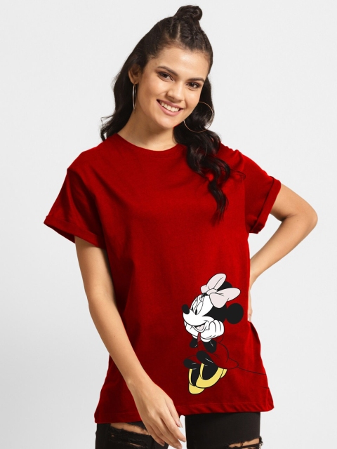 

Bewakoof Women Red & Black Minnie Mouse Printed Drop-Shoulder Sleeves Loose T-shirt