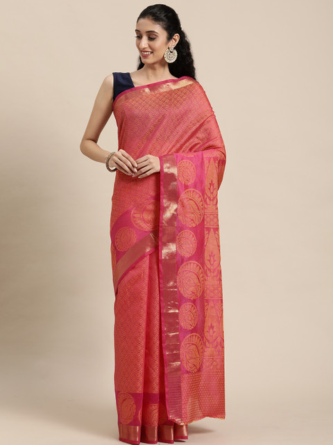 

KALINI Pink & Gold-Toned Ethnic Motifs Silk Cotton Banarasi Saree