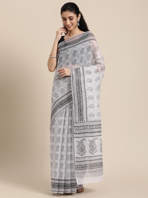 

KALINI White & Grey Paisley Mangalagiri Saree
