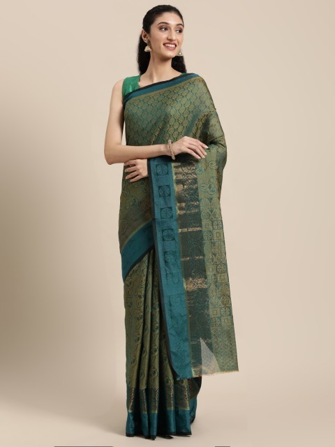 

KALINI Green & Teal Ethnic Motifs Zari Silk Cotton Banarasi Saree