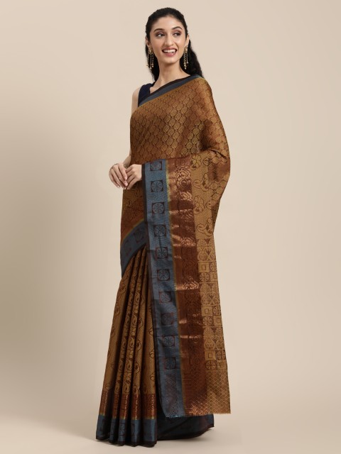 

KALINI Brown & Teal Ethnic Motifs Silk Cotton Banarasi Saree