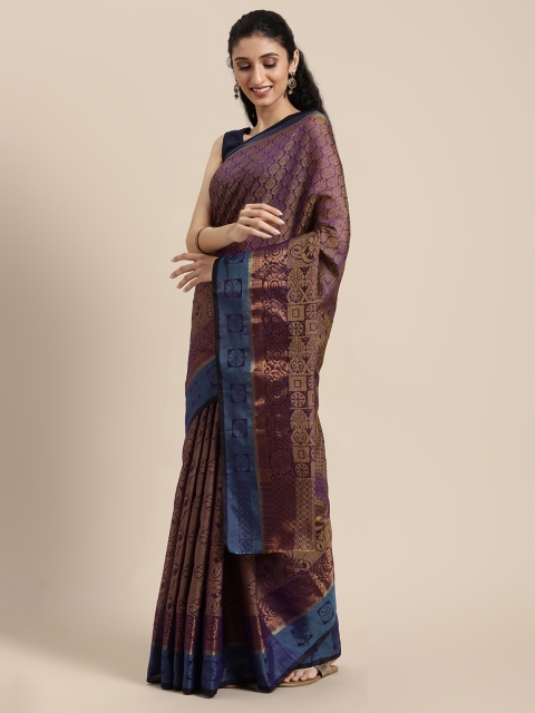 

KALINI Purple & Blue Ethnic Motifs Zari Silk Cotton Banarasi Saree