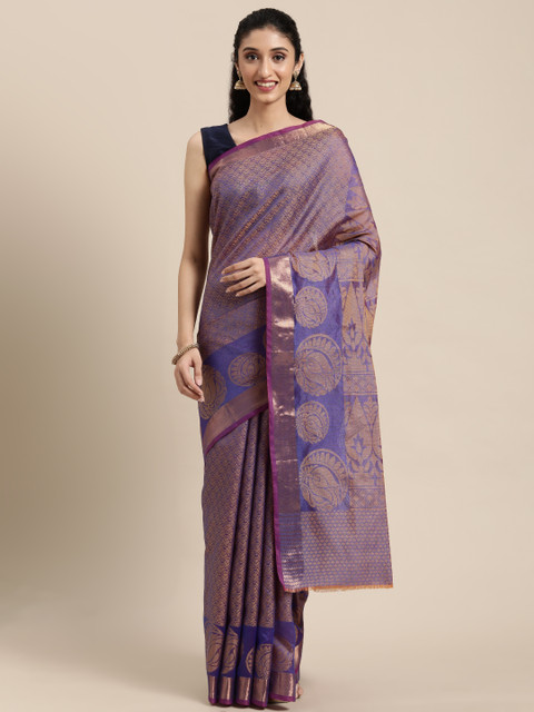 

KALINI Purple & Gold-Toned Ethnic Motifs Zari Silk Cotton Banarasi Saree