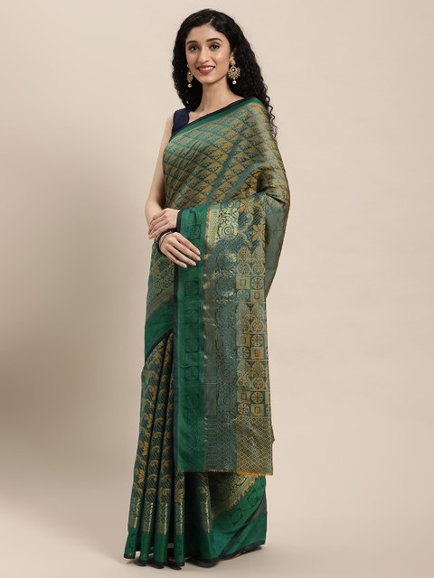 

Pavechas Green Floral Zari Silk Cotton Banarasi Saree