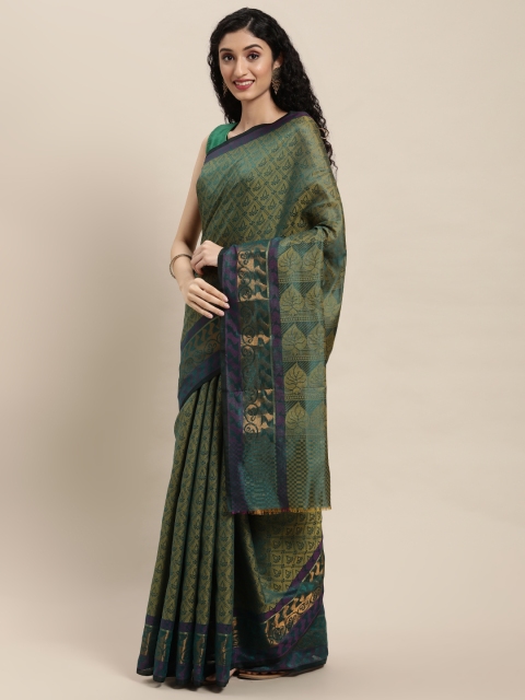 

Pavechas Green Ethnic Motifs Zari Silk Cotton Banarasi Saree