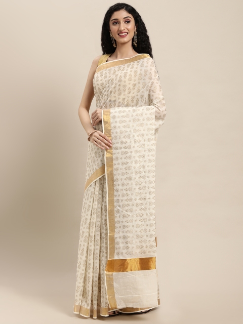 

Pavechas White Ethnic Motifs Pure Cotton Kasavu Saree