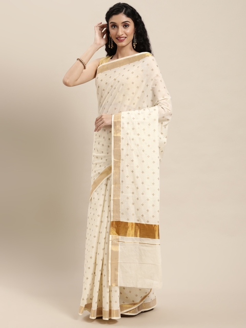 

Pavechas White Ethnic Motifs Pure Cotton Kasavu Saree