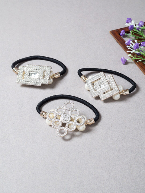 

Golden Peacock Women Set of 3 Black & Silver-Toned Embellished Ponytail Holders