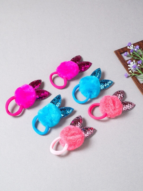 

Golden Peacock Women Fuchsia & Blue Set of 6 Fur Ponytail Holders