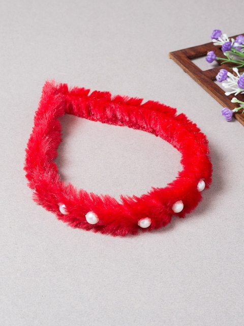 

Golden Peacock Women Red & White Fur Hairband With Pearl