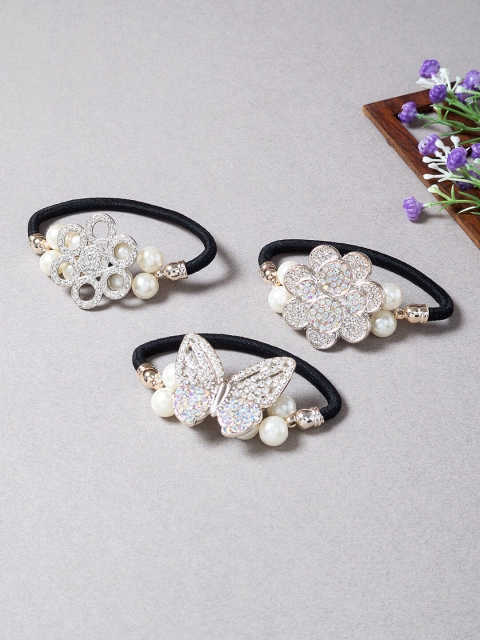 

Golden Peacock Women Black & White Set of 3 Embellished Ponytail Holders