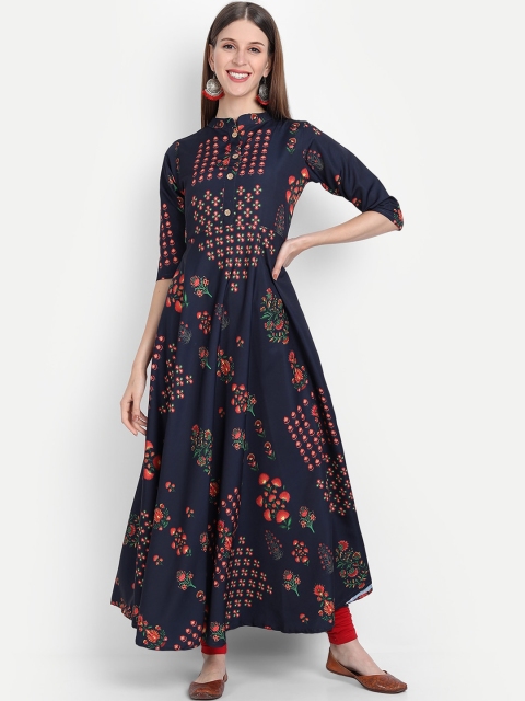 

Ethnic basket Women Navy Blue & Red Floral Printed Crepe Anarkali Kurta