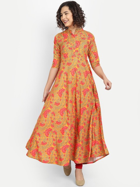 

Ethnic basket Women Yellow & Pink Floral Printed Crepe Anarkali Kurta