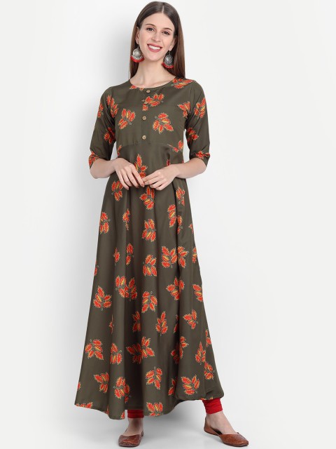 

Ethnic basket Women Olive Brown & Red Floral Printed Crepe Anarkali Kurta