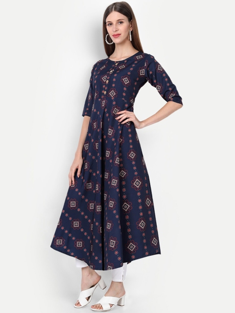

Ethnic basket Women Navy Blue & Red Ethnic Motifs Printed Crepe Anarkali Kurta