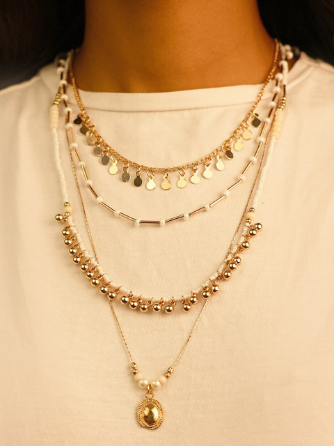 

Ayesha Gold Toned Contemporary Multi-layered Seqin & Beaded Charm Coin Pendant Necklace