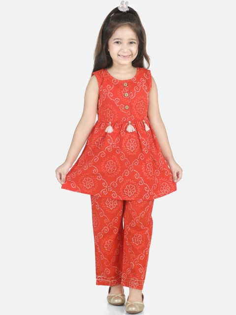 

BownBee Girls Red Bandhani Printed Pure Cotton Kurta with Trousers