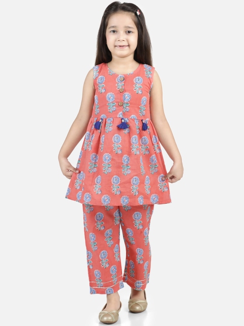 

BownBee Girls Coral Floral Printed Regular Pure Cotton Kurti with Trousers