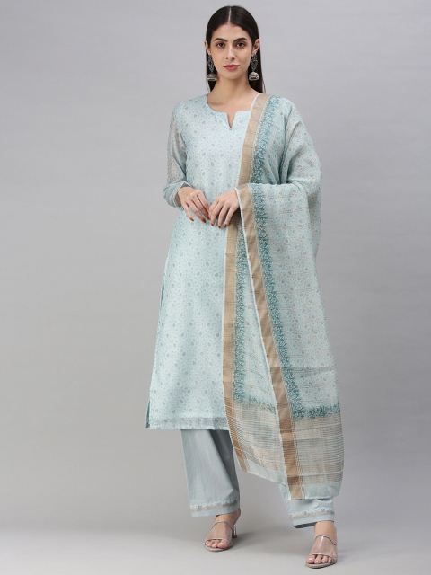

Soch Blue & Gold-Coloired Printed Unstitched Dress Material