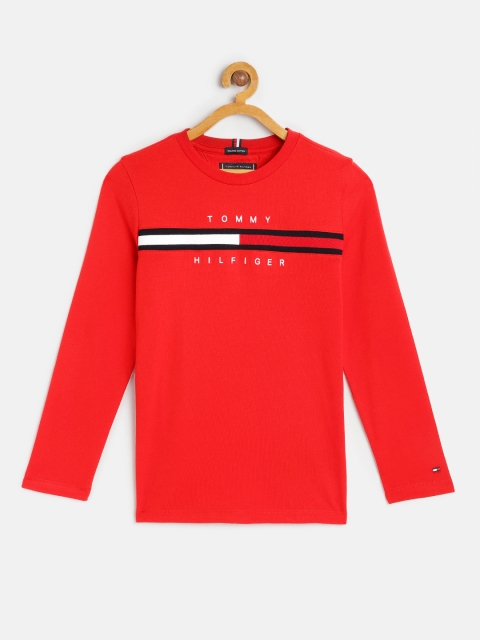 

Tommy Hilfiger Boys Red Brand Logo Organic Cotton Rib Insert Organic Cotton T-shirt