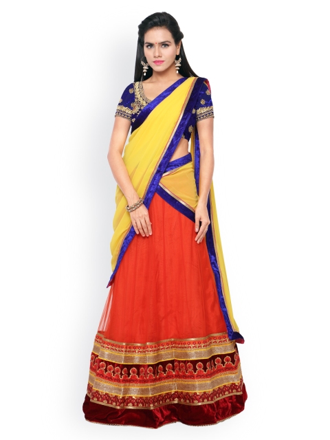 

Touch Trends Blue & Orange Net & Velvet Semi-Stitched Lehenga Choli with Dupatta