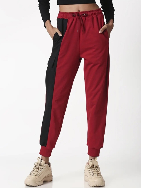 

Bewakoof Women Red & Black Colourblocked Cotton Slim-Fit Joggers