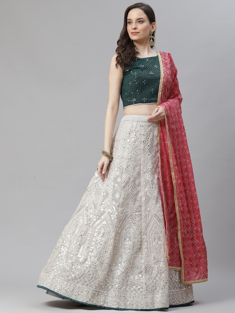

Readiprint Fashions Cream-Coloured & Green Embellished Sequinned Semi-Stitched Lehenga & Blouse With Dupatta