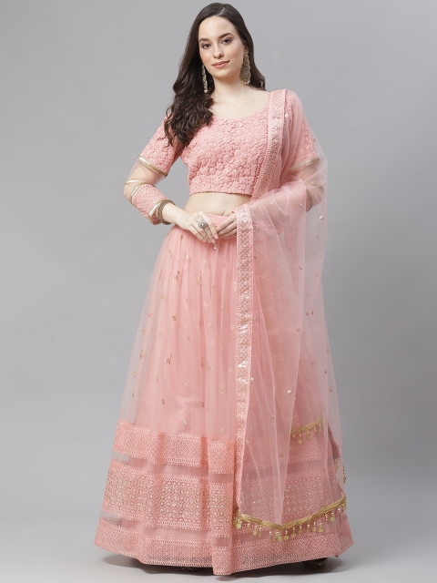 

Readiprint Fashions Pink & Peach-Coloured Embroidered Sequinned Semi-Stitched Lehenga & Blouse With Dupatta