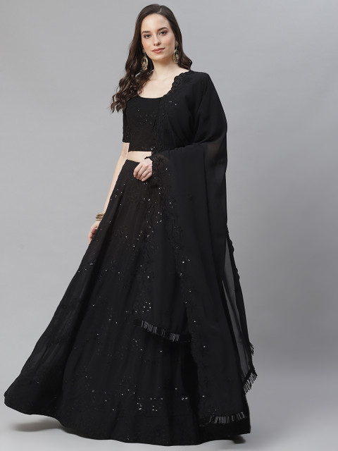 

Readiprint Fashions Black Embroidered Sequinned Semi-Stitched Lehenga & Blouse With Dupatta