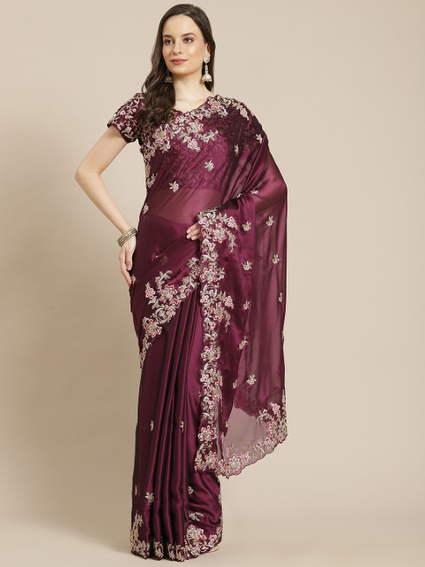 

Readiprint Fashions Burgundy Floral Zari Organza Tussar Saree
