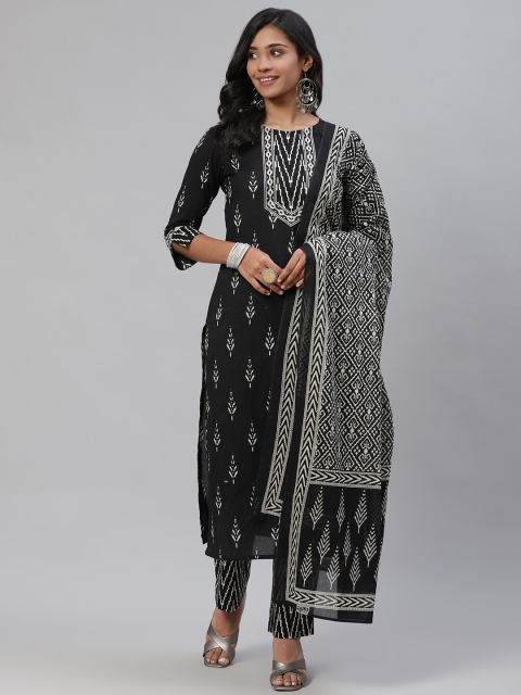 

AHIKA Women Black & Off White Ethnic Motifs Printed Cotton Kurta with Trousers & Dupatta