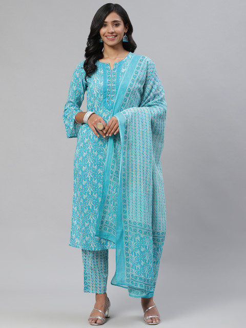 

AHIKA Women Turquoise Blue Ethnic Motifs Printed Regular Pure Cotton Kurta with Palazzos & With Dupatta