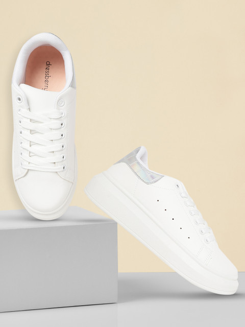 

DressBerry Women White & Silver-Toned Solid Flatform Sneakers with Perforated Detail