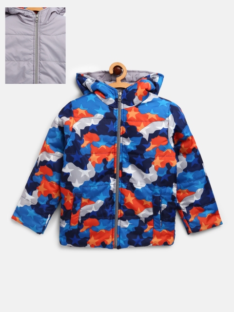 

Little Marco Boys Blue & Grey Camouflage Print Hooded Reversible Padded Jacket
