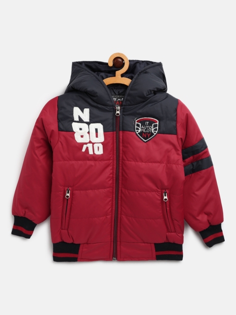 

Little Marco Boys Maroon & Navy Blue Colourblocked Hooded Bomber Jacket