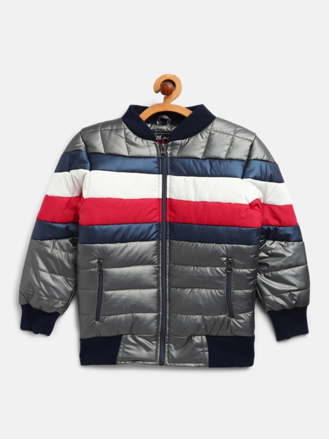 

Little Marco Boys Grey & Navy Blue Striped Bomber Jacket