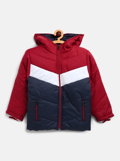 

Little Marco Boys Navy Blue & Maroon Colourblocked Hooded Padded Jacket
