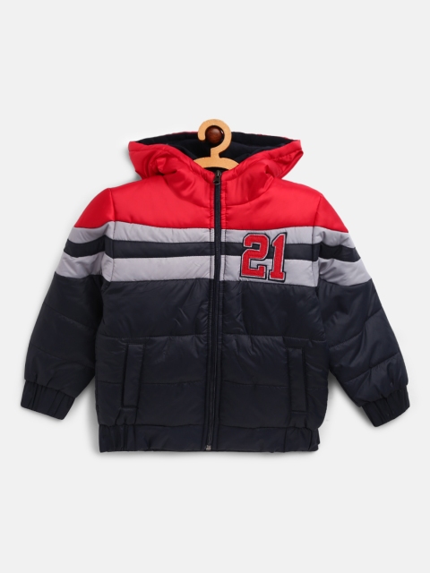 

Little Marco Boys Navy Blue & Red Striped Hooded Padded Jacket with Applique Detail