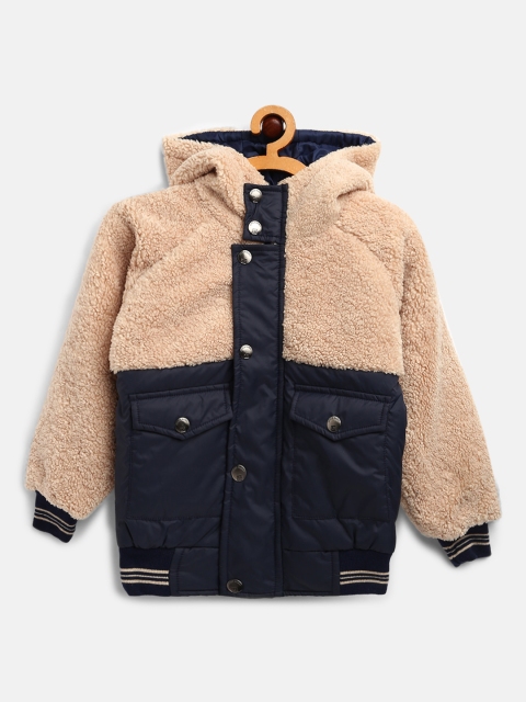 

Little Marco Boys Beige & Navy Colourblocked Sherpa Detail Hooded Bomber Jacket